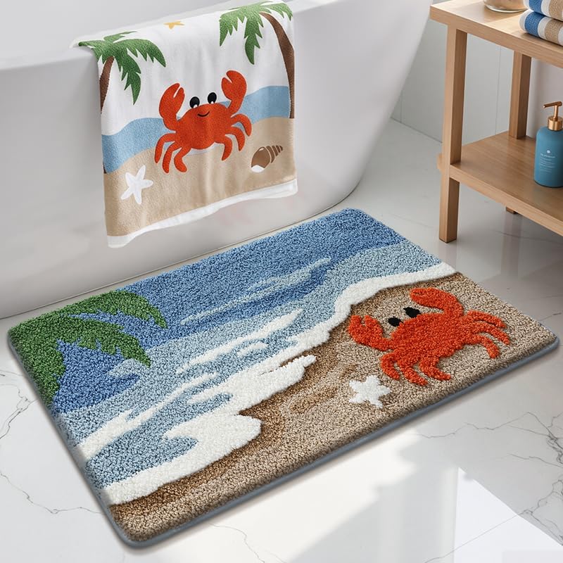 Manidodo Coastal Bathroom Rug 20"x31", Starfish & Seashell Ocean Decor Bath Mat, Non-Slip Absorbent Washable Small Beach Rugs for Kids Bathroom, Nautical Beach House Decor, Blue (Beach & Crab)