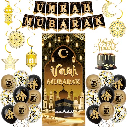 Umrah Mubarak Party Decoration Banner - Black Gold Islamic Party Decorations Balloons Set with Cake Topper Ramadan Door Banners and Hanging Swirls for Muslim Eid Home