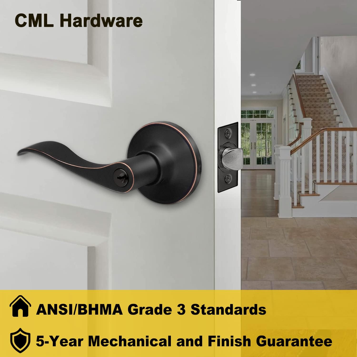 CML Hardware (4 Pack) Entry Door Lever in Oil Rubbed Bronze, Keyed Different Door Handle Lock Set for Entrance, Exterior and Interior, Removable Latch Plate, Reversible for Right & Left Handed
