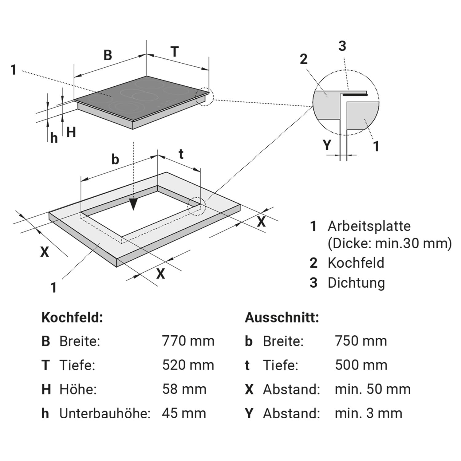 Placa vitrocermica 80 cm / 8,7 kW / 5 fuegos / 9 niveles de potencia/zona de cocción triple/zona de cocción ovalada doble, / CH7705AL