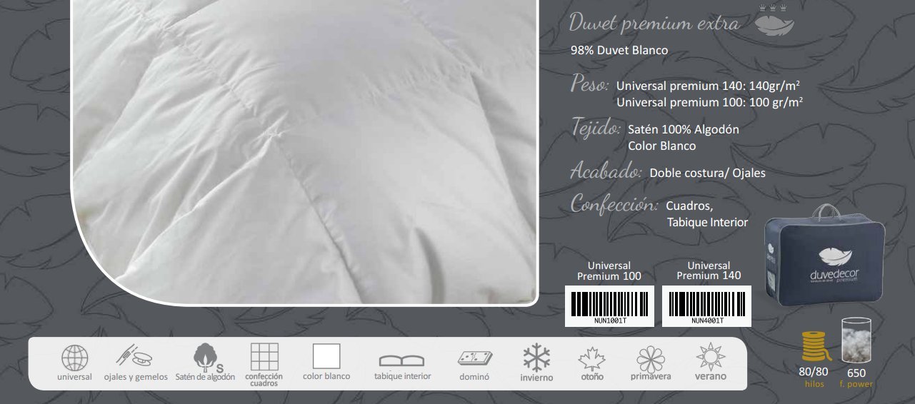 Duvedecor Relleno Nordico Universal Premium 98% Plumón 100grs/m2 confección KASSETTEN - Calidad 220X220