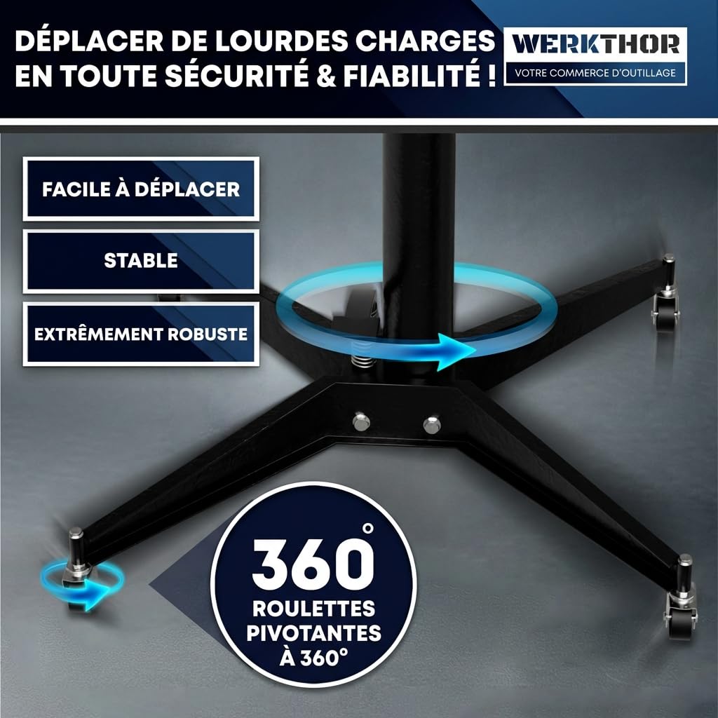 WERKTHOR Vérin de Fosse Hydraulique 500kg Noir | Cric de Fosse Réglable 113–195 cm avec Pédale & 4 Roues | Verin de Fosse Atelier pour Boîte Vitesse, Moteur, Transmission