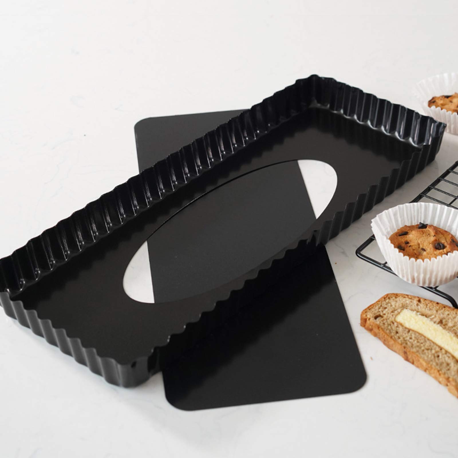 Moule à Tarte Rectangulaire Quiche Pan Rectangulaire Moule à Tarte en Acier au Carbone Avec Base Amovible Revêtement Antiadhésif Moule à Fruits et Gâteau pour Gâteaux Quiche Muffins Biscuits Noir