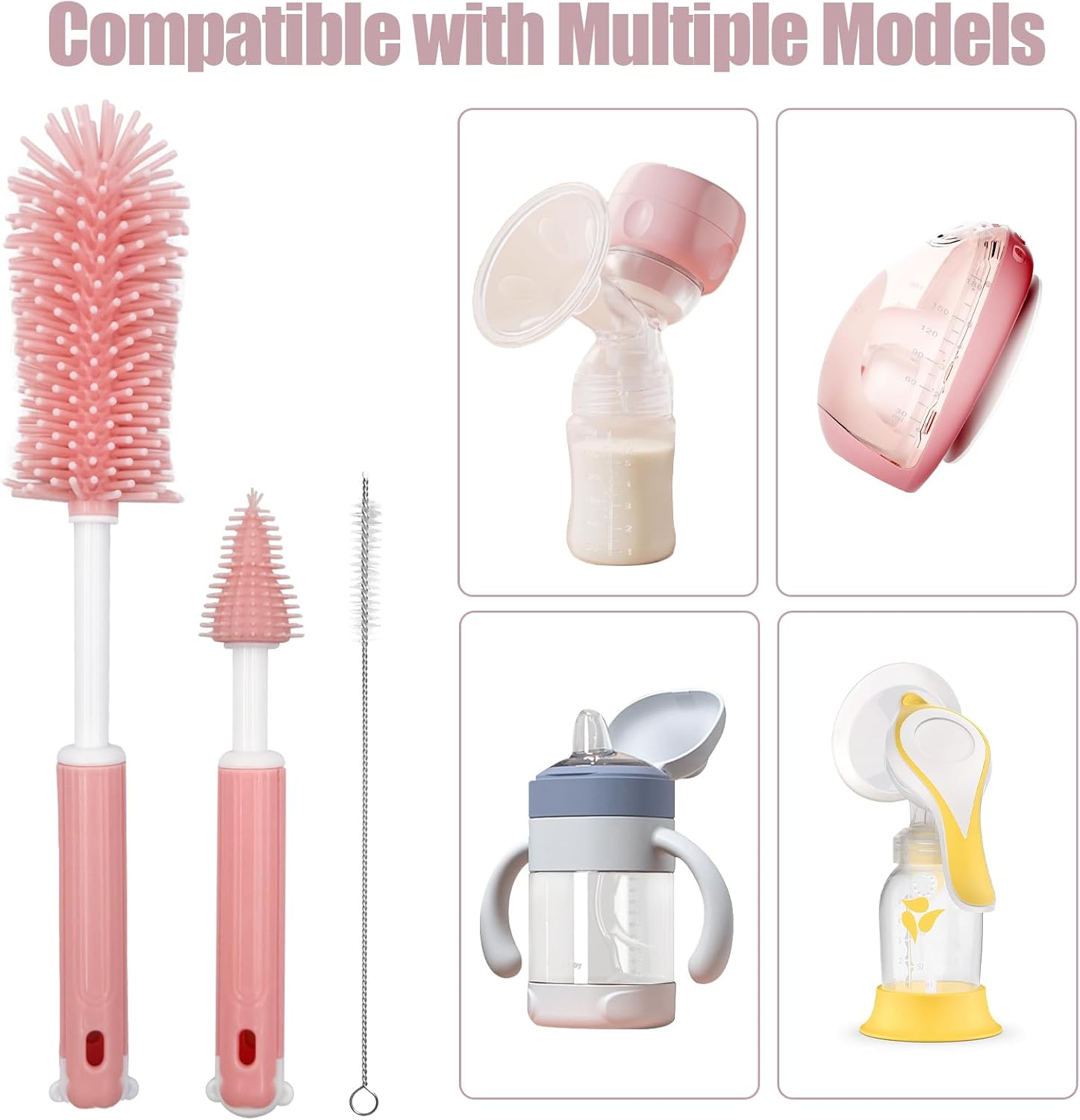 Breast Pump Cleaning Brush Kit,Bottle Brush Washer Set for Breast Pumps,3 in 1 Baby Bottle Nipple Pump Parts Cleaner Compatible with Momcozy,Medela,NCVI,Lansinoh and More Brands (Pink)