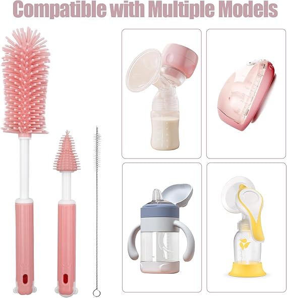 Bottle Washer Compatible with Momcozy Breast Pumps Breast Pump Cleaning Kit Breast Pump Cleaning Brush Set 3 in 1 Cleaning Brush Set - Includes Detachable Bottle Brush, Nipple Brush, Straw Brush(pink)