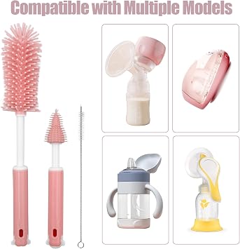Bottle Washer Compatible with Momcozy Breast Pumps Breast Pump Cleaning Kit Breast Pump Cleaning Brush Set 3 in 1 Cleaning Brush Set - Includes Detachable Bottle Brush, Nipple Brush, Straw Brush(pink)