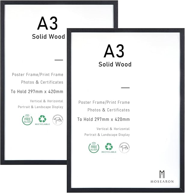 A3 Certificate Picture Frame,2 Pack Black Wood Photo Frame with plexiglass for Wall Mount Display,29.7x42 cm,Set of 2