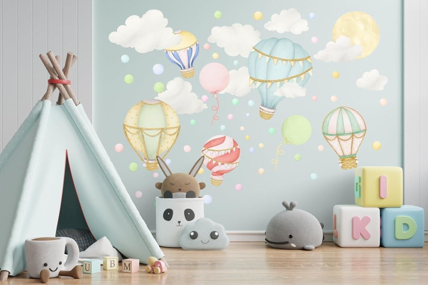 Hot Air Balloon Wall Decals – Peel & Stick Removable Wall Stickers with Clouds & Balloons, Rainbow Colorful Wall Decals Room Decor, for Nursery Kids Playroom Baby Medium (36" x 36")