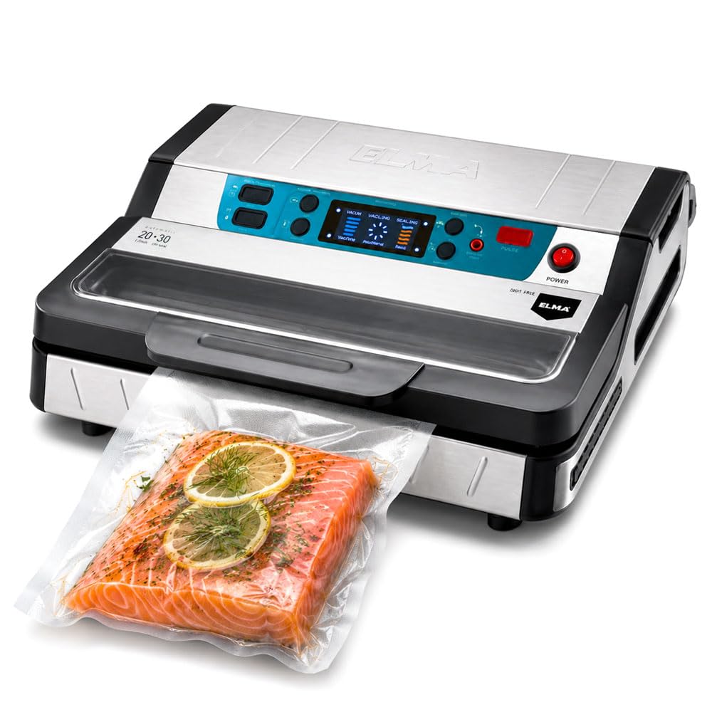 ELMA Envasadora al Vacío Profesional Digit Free | 20 L/min | Acero Inoxidable | Pantalla LED | Sellado MOIST para Húmedos, Función Marinado | Portarrollos con Cutter | Uso Intensivo