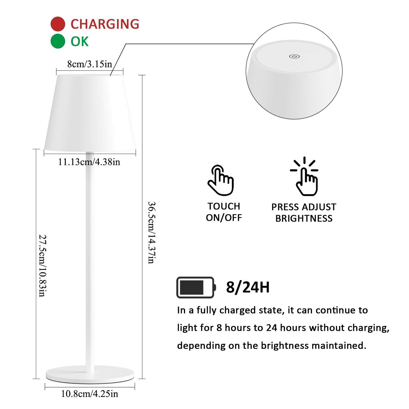 K-Bright 2 sztuki LED ściemniana lampa stołowa akumulatorowa, bezprzewodowa, możliwość ponownego ładowania, 3000 K/4000 K/6000 K, trzy temperatury barwowe z USB-C, wodoszczelna IP54, biała