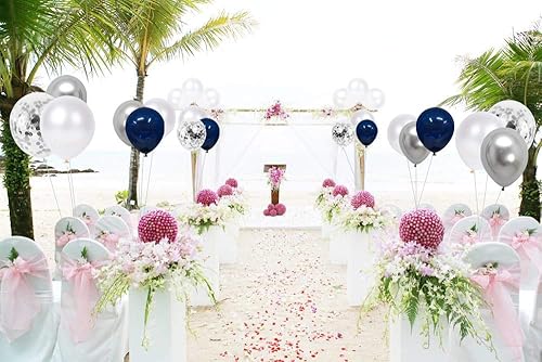 Miniatura 6 de Globos de confeti azul marino y plateado, 50 globos de fiesta metálicos plateados y blancos de 12 pulgadas para fiestas, bodas, compromisos,