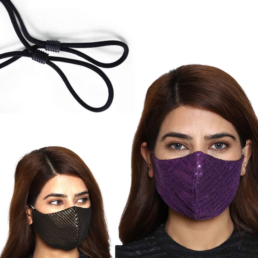 MAPLE Mask for Women Party Function Wear Reusable Washable 3 Layer Sequin Face Mask Printed Cotton Ladies Unisex With Adjustable Ear Loop Free Size (Pack of 2) MP-C