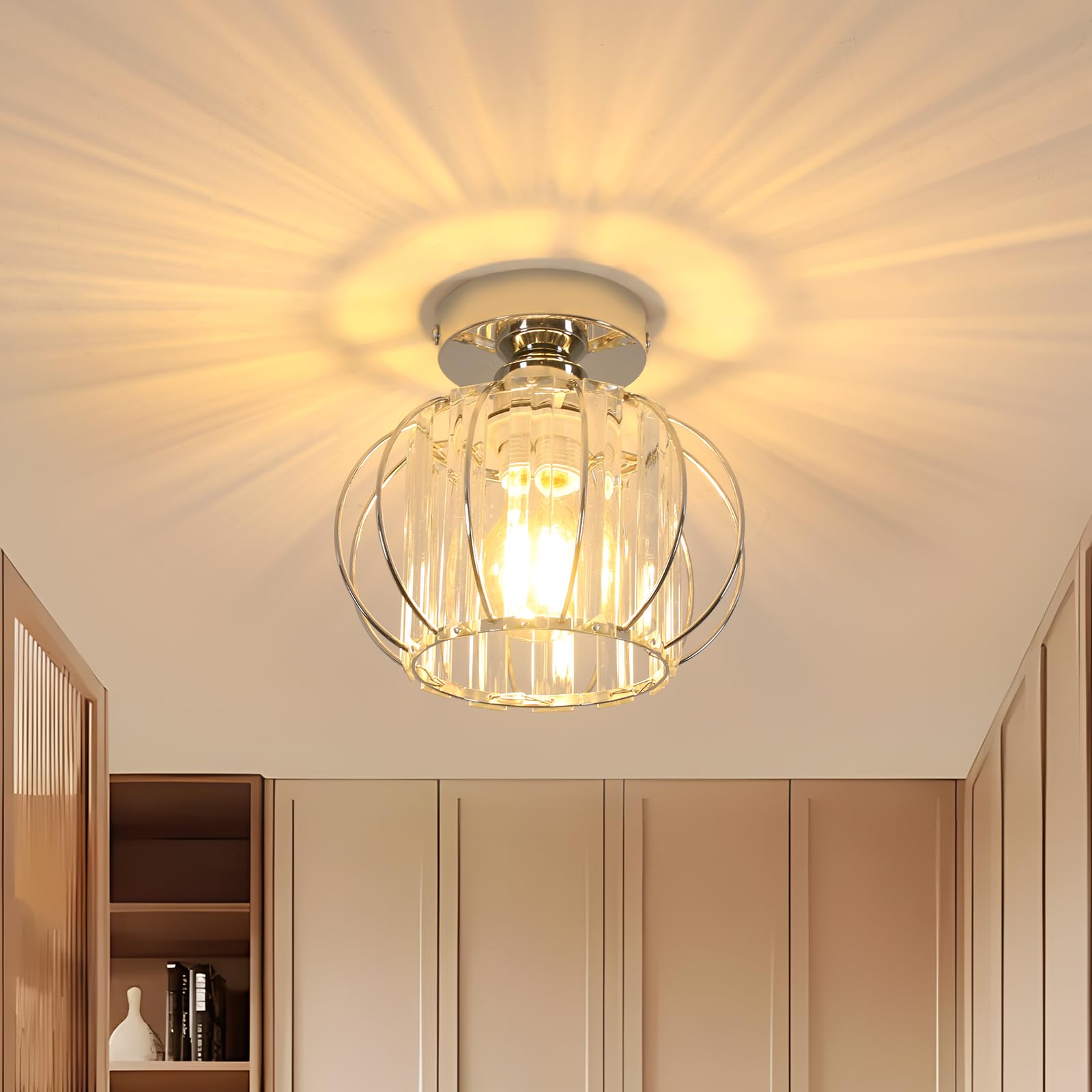 Goeco Vintage Ceiling Light, Diameter 19 cm, Chrome Ceiling Light Crystal with Glass Ball Lampshade, E27 Ceiling Light, Vintage Industrial Ceiling Light for Entrance, Hallway, Bedroom, Living Room, Bulbs Not Included