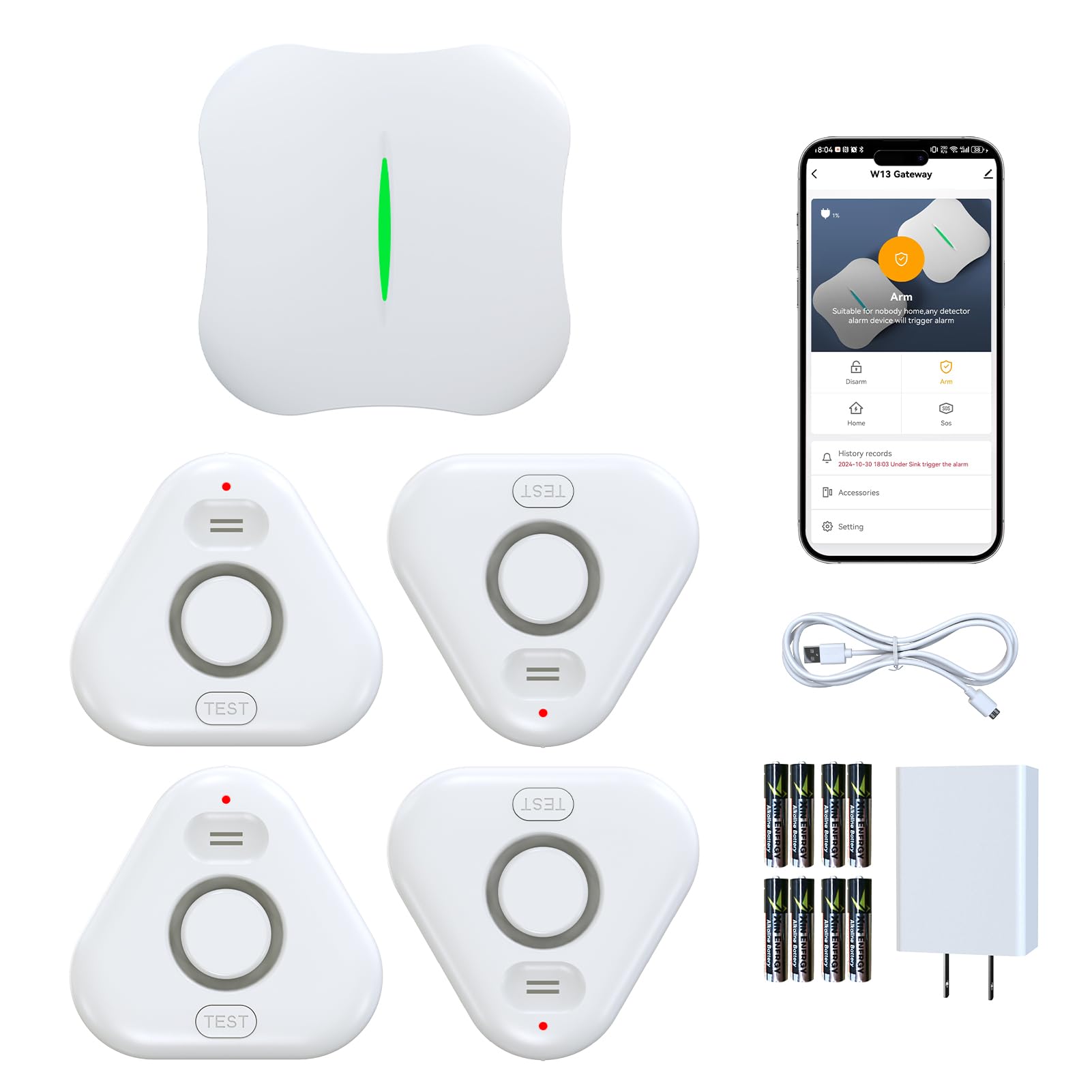 Smart Water Leak Detectors for Home WiFi with App Alerts, Stechro Ajustable 120dB Water Sensor Alarm Leak Detector for Basements Sink Kitchen Laundry, 4 Water Sensors & 1 Rechargeable Gateway