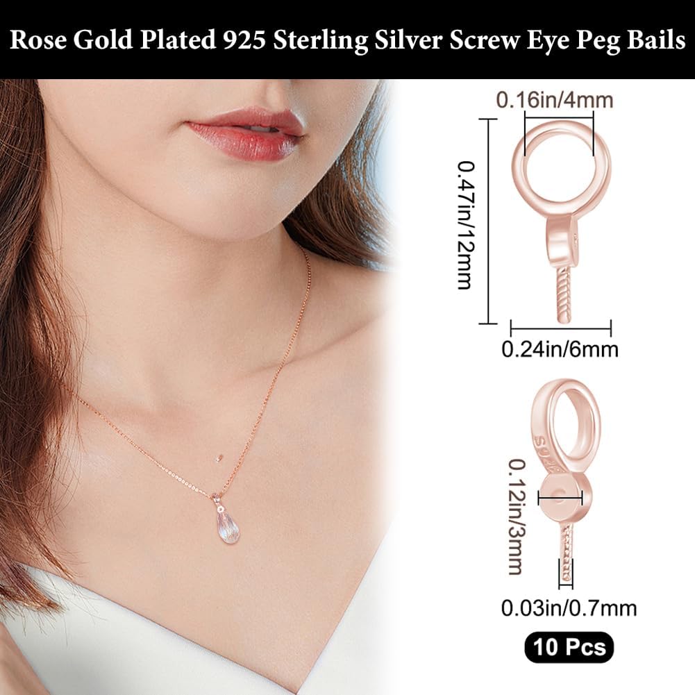 Beebeecraft 1 Box 10Pcs Screw Eye Pin Peg Bails Rose Gold Plated 925 Sterling Silver 4mm Hole Bails for Half Drilled Beads Pearl Cup for Pendant Necklace Jewelry Making Findings