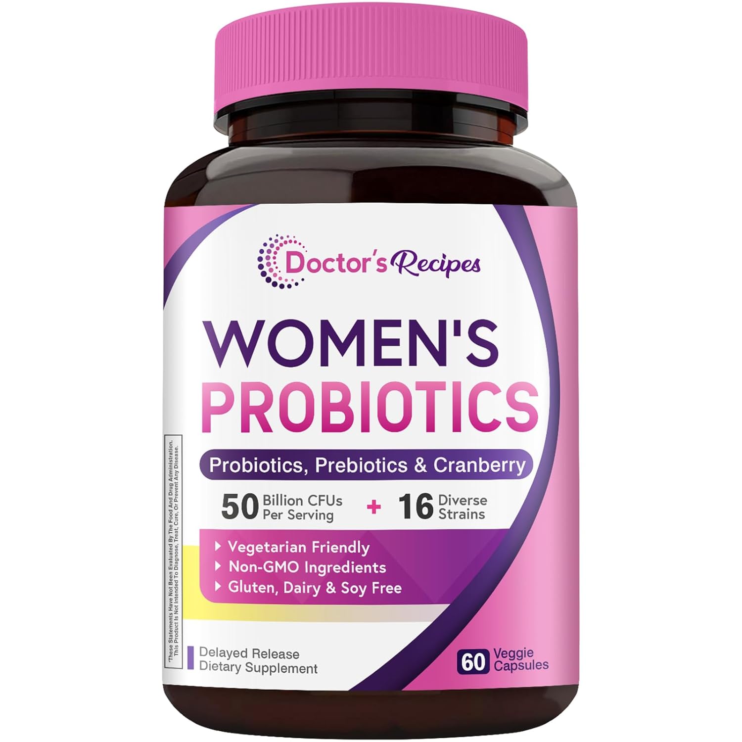 Doctors Recipes Womens Probiotic 60 Caps 50 Billion CFU 16 Strains with Organic Cranberry Shelf Stable Delayed Release