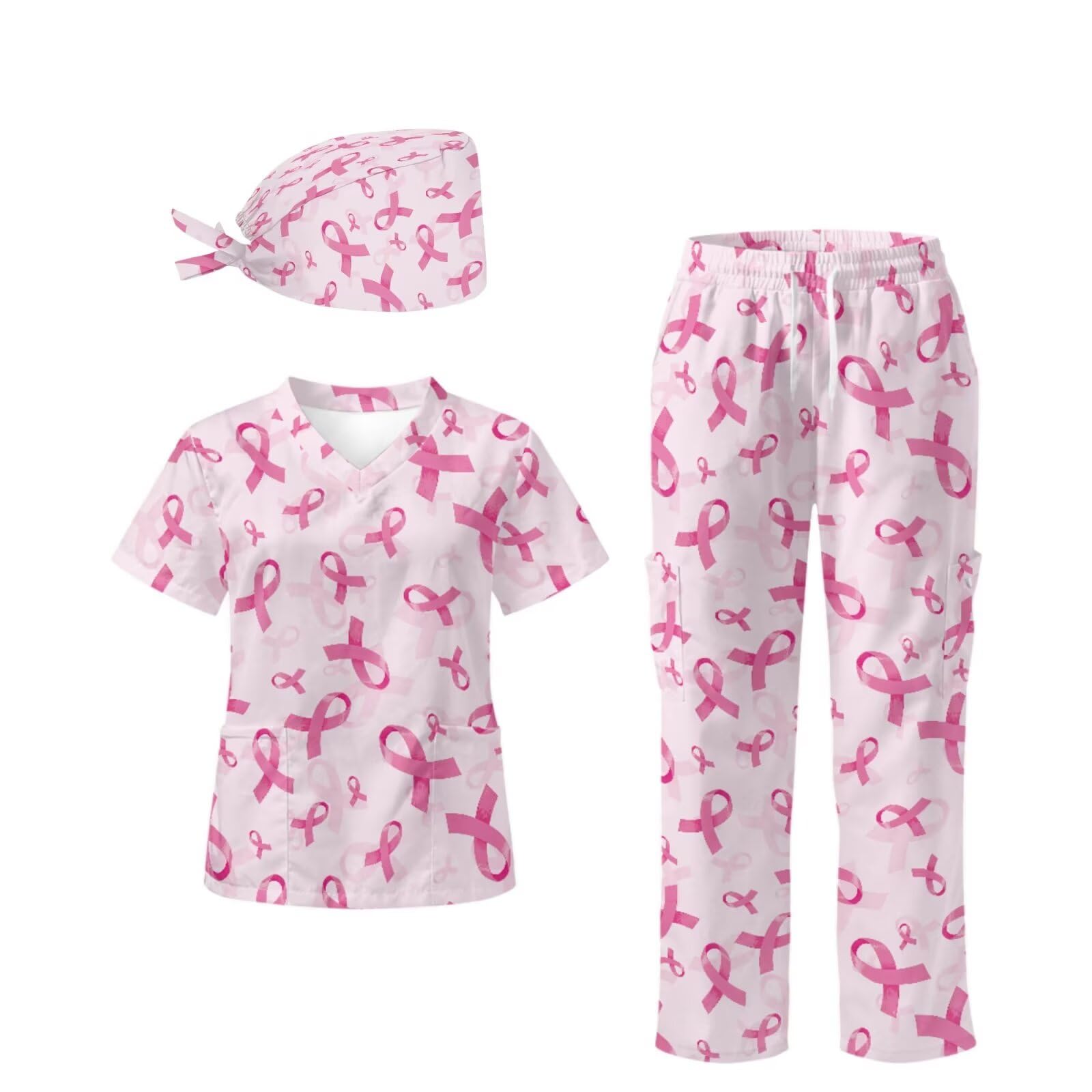 Breast Cancer Awareness damski zestaw szorowania różowa wstążka z czapką | Wygodny top i spodnie z szerokimi nogawkami ze sznurkiem do biura medycznego, odzież robocza, można prać w pralce