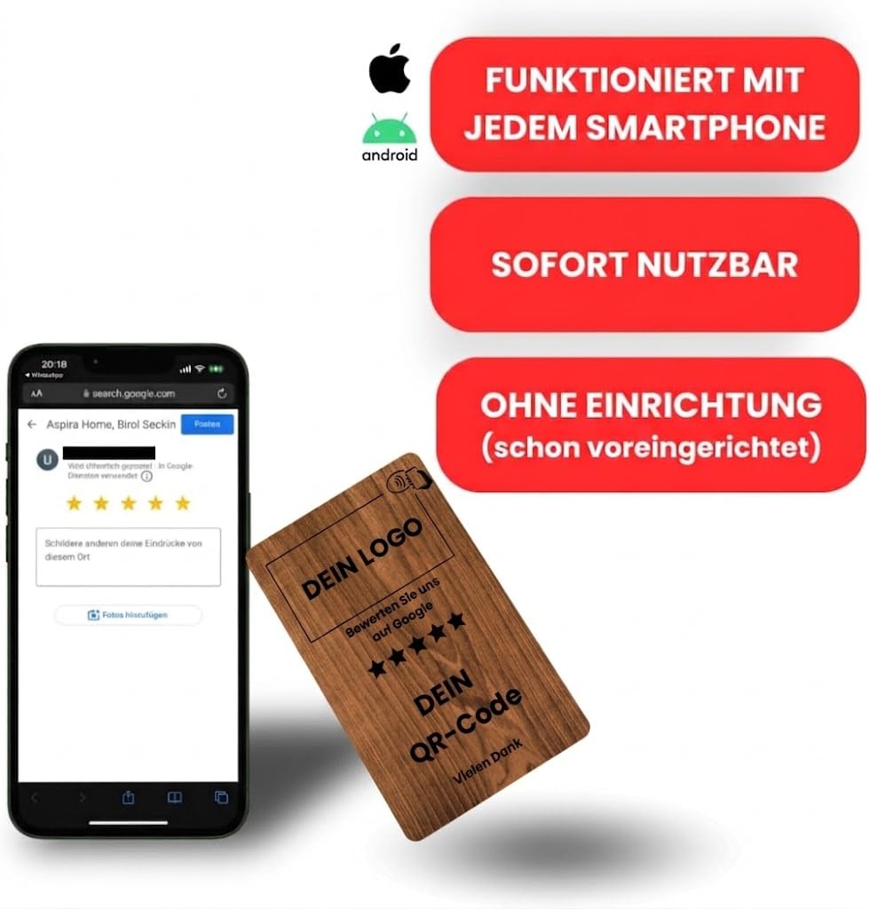 Aspira Home Google Bewertungskarte mit NFC, Rezensionskarte für Google Bewertungen, FERTIG VOREINGERICHTET für Ihr Google Bewertungsprofil, Holzoptik (personalisiert)