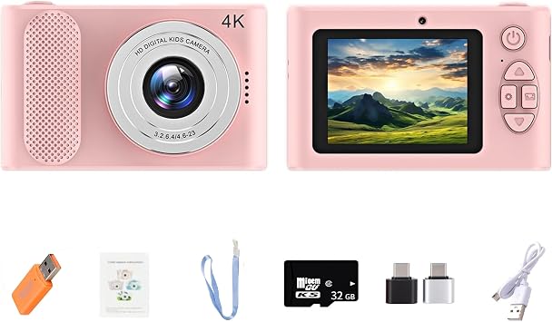 Digital Camera FHD 4K 44MP with 32GB Card 4X Zoom Anti Shake Compact Portable Small Cameras for Photography Point and Shoot Camera Gift for Teen Beginner Pink