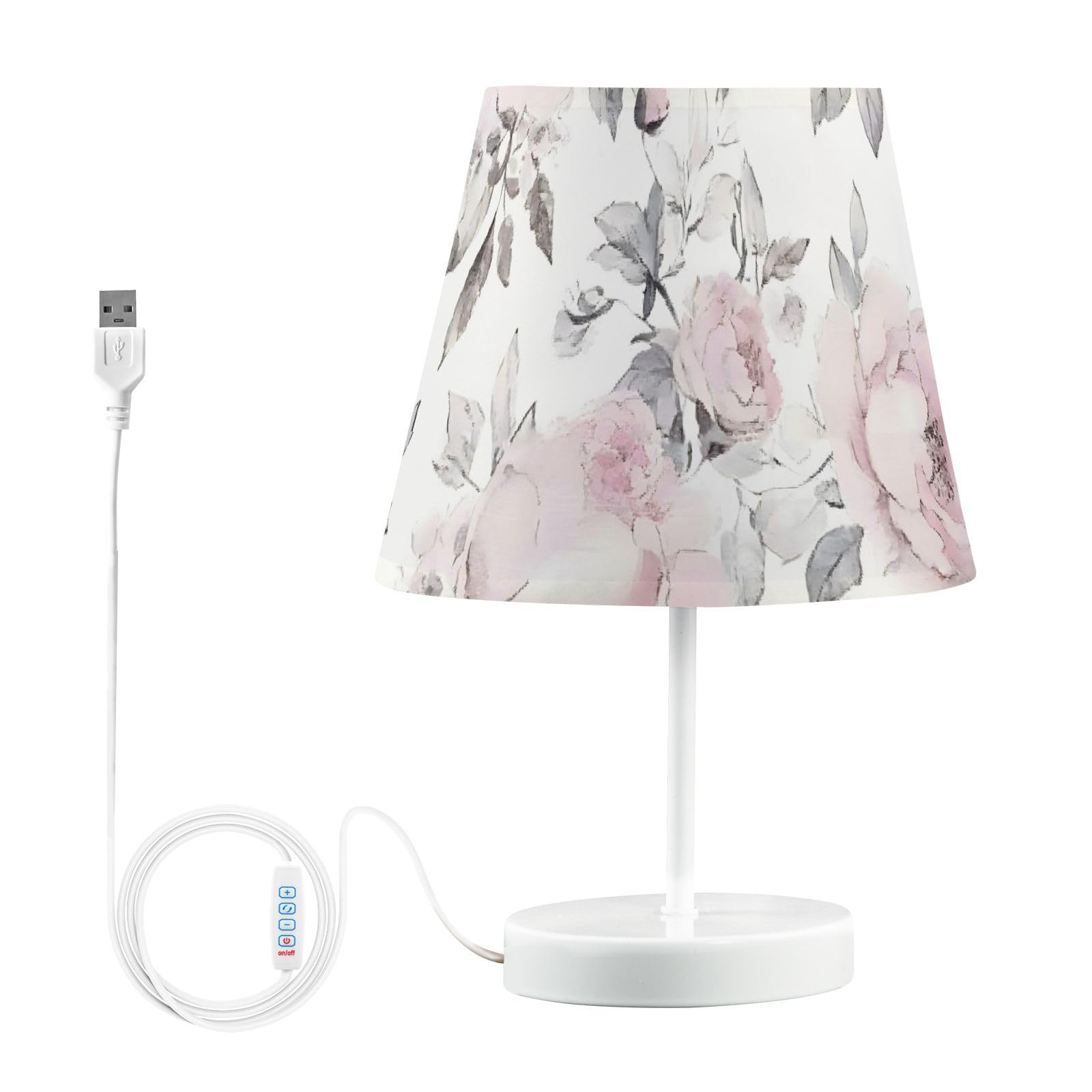 Mnsruu Bedside Lamp Pink Rose Floral Grey Plant Table Lamp LED Bulbs Desk Lamp Fabric Shades for Bedroom Living Room, Medium