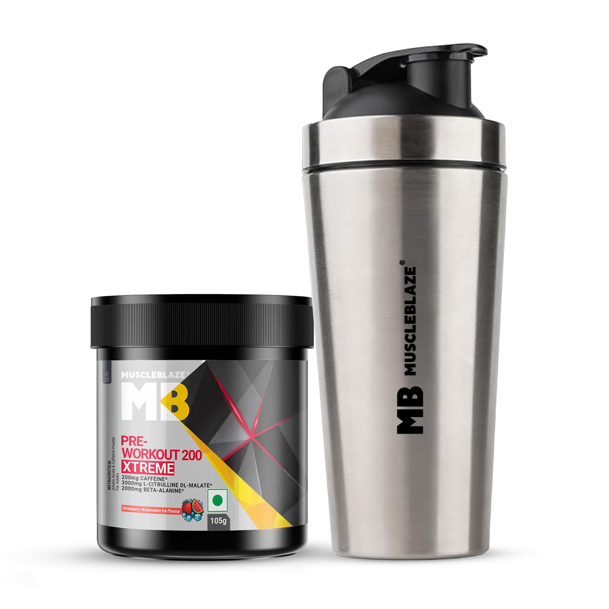 MuscleBlaze Pre Workout 200 Xtreme, Strawberry Watermelon Ice,105g + Shaker | Includes Stainless Steel Gym Shaker, Silver, 700ml-picture-14