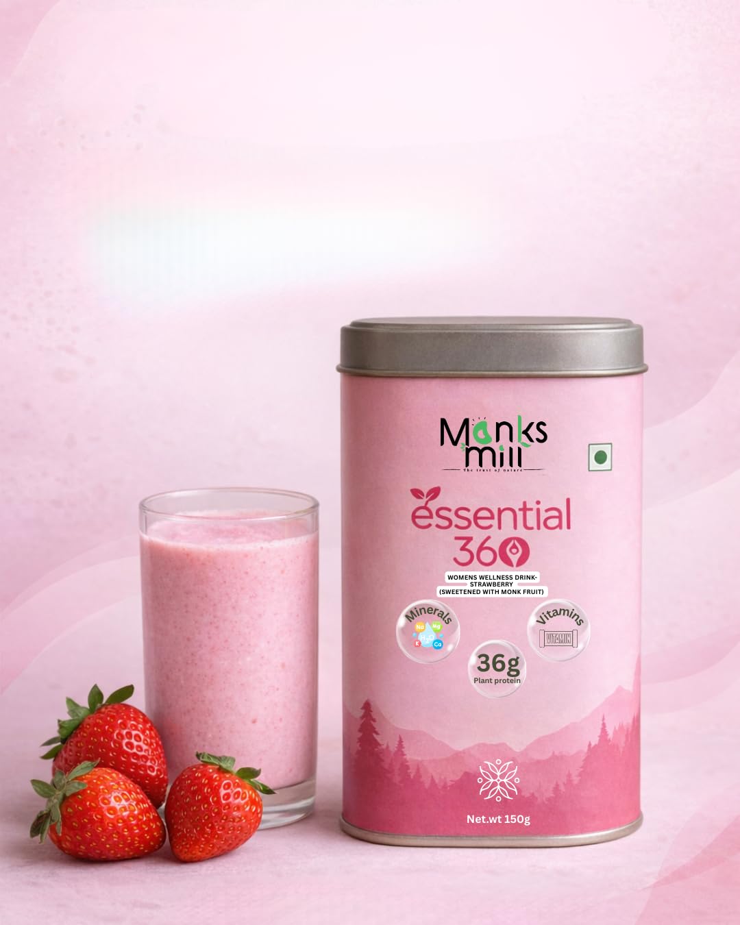 Monks Mill Essential 360 Women's Wellness Drink, Strawberry Flavour, 36g Plant Protein, 150g, Sweetened with Monk Fruit-image-2
