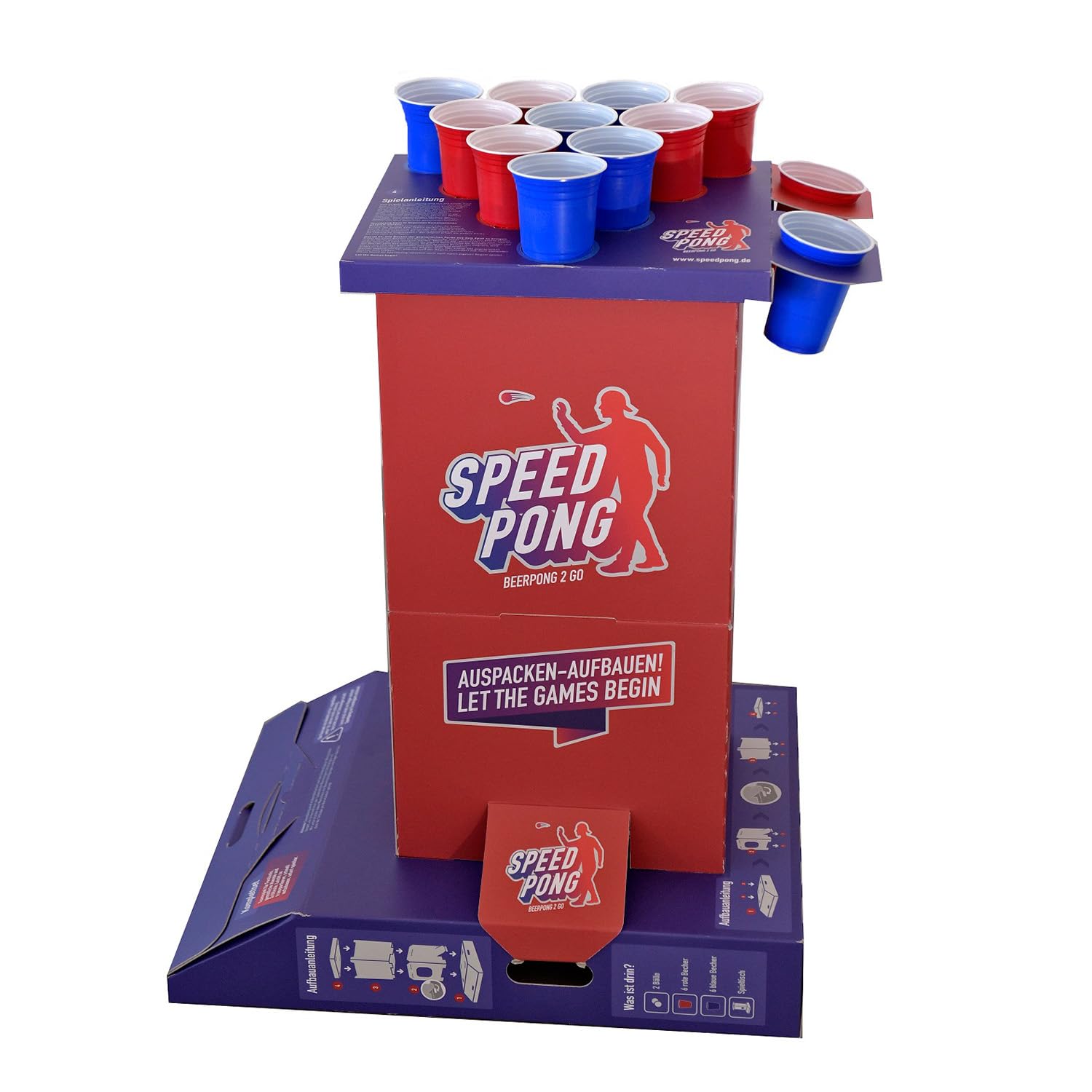 Kompletny zestaw – Beer Pong 2 Go z 12 czerwonymi i niebieskimi miseczkami, kolumną do gry i piłkami do piwa