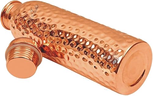 Miniatura 5 de Arts Of India Botella de agua de cobre puro, juego de bebida, capacidad 33.8 fl oz, juego de 2 (martillado y liso)