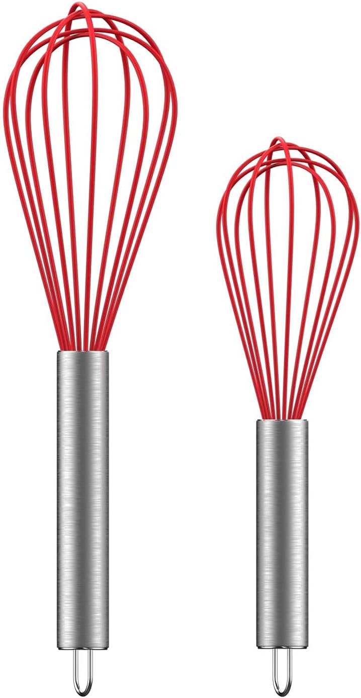 Silicone Whisk, Ouddy 2 Pack Wire Wisk Kitchen Tool, Whisks for Cooking, Blending, Whisking, Beating, Stirring