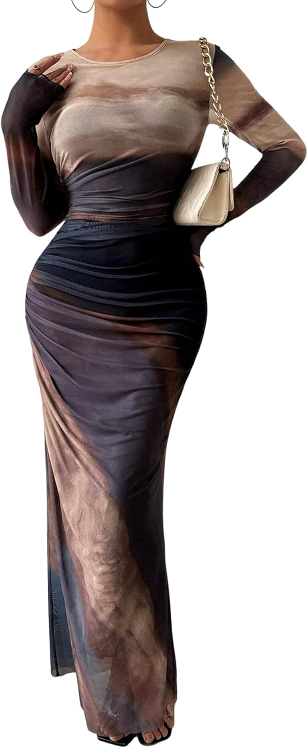 MARZXIN Women Long Sleeve Maxi Dress Bodycon Ruched Formal Slim Fit Tie Dye Dress Formal Mesh Dress