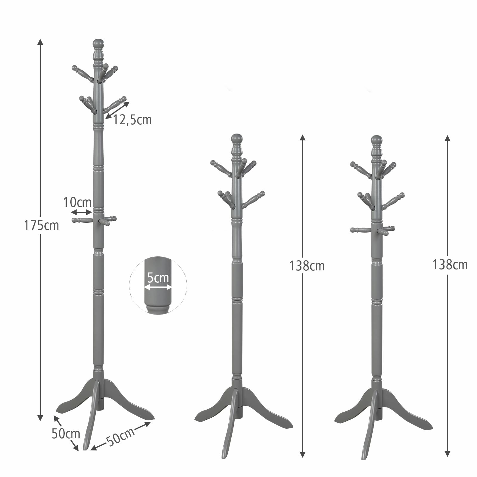 COSTWAY Attaccapanni ad Albero, Appendiabiti in Legno di Gomma con 9 Ganci, Albero Porta Abiti per Camera da Letto Soggiorno Ingresso e Ufficio, 50x50x138-175 cm (Grigio)