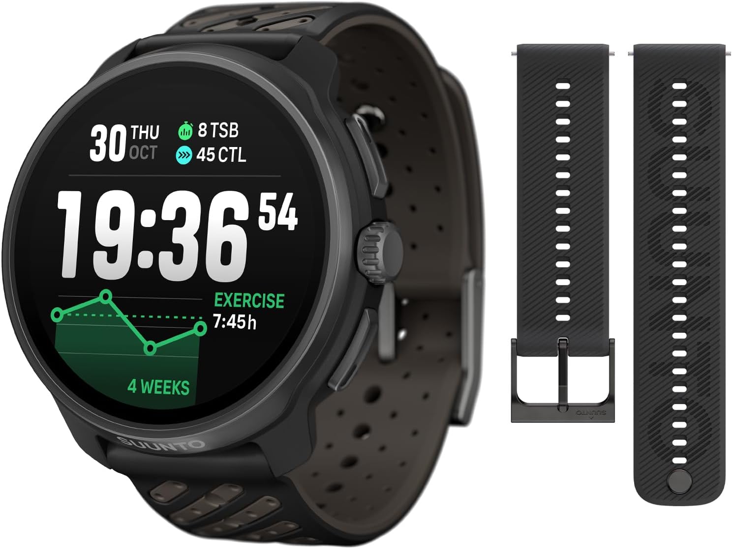 SUUNTO Race 2 GPS Sports Watch, 1.5" AMOLED Touchscreen w/Crown, Titanium Black & SUUNTO 22 ATH6 Silicone Strap All Black S+M