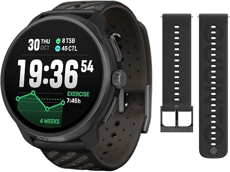 SUUNTO Race 2 GPS Sports Watch, 1.5" AMOLED Touchscreen w/Crown, Titanium Black & SUUNTO 22 ATH6 Silicone Strap All Black S+M
