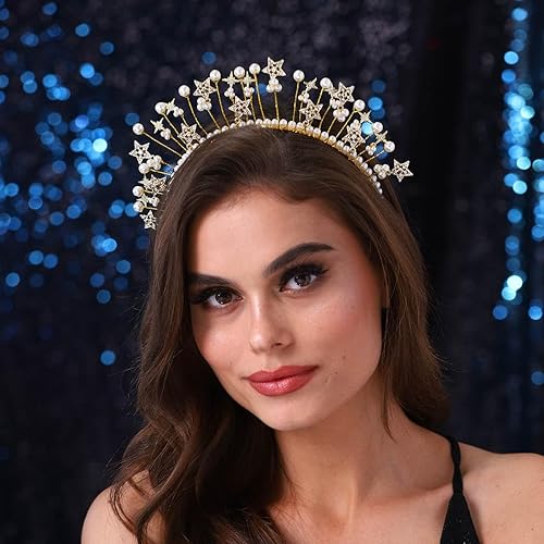 Miniatura 7 de Urieo Corona con halo de estrellas, perlas doradas, diadema de diosa, tiara fina de cristal, accesorios para el cabello hechos a mano para mujeres