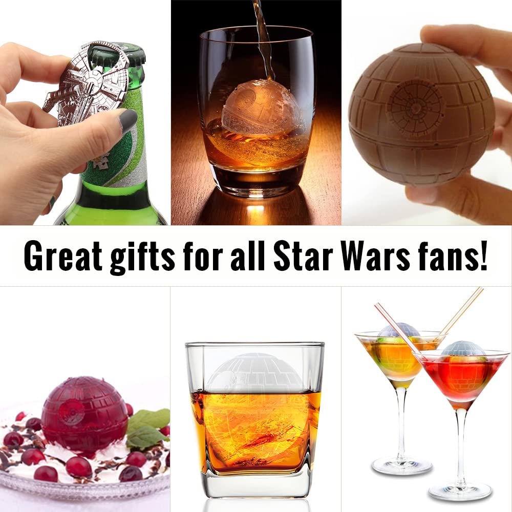 Happyou Whiskey Ice Ball Mold Death Star Ice Cube Mold,Great Star Wars Gifts for Men (4 Packs+1 Bottle Opener+Tray)