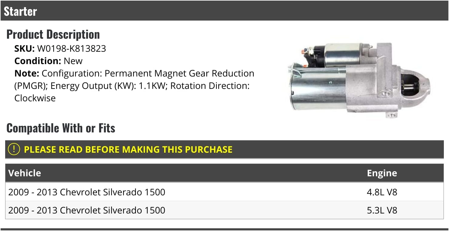 Marketplace Auto Parts Engine Starter Motor - Compatible with 2009-2013 Chevy Silverado 1500 4.8L 5.3L