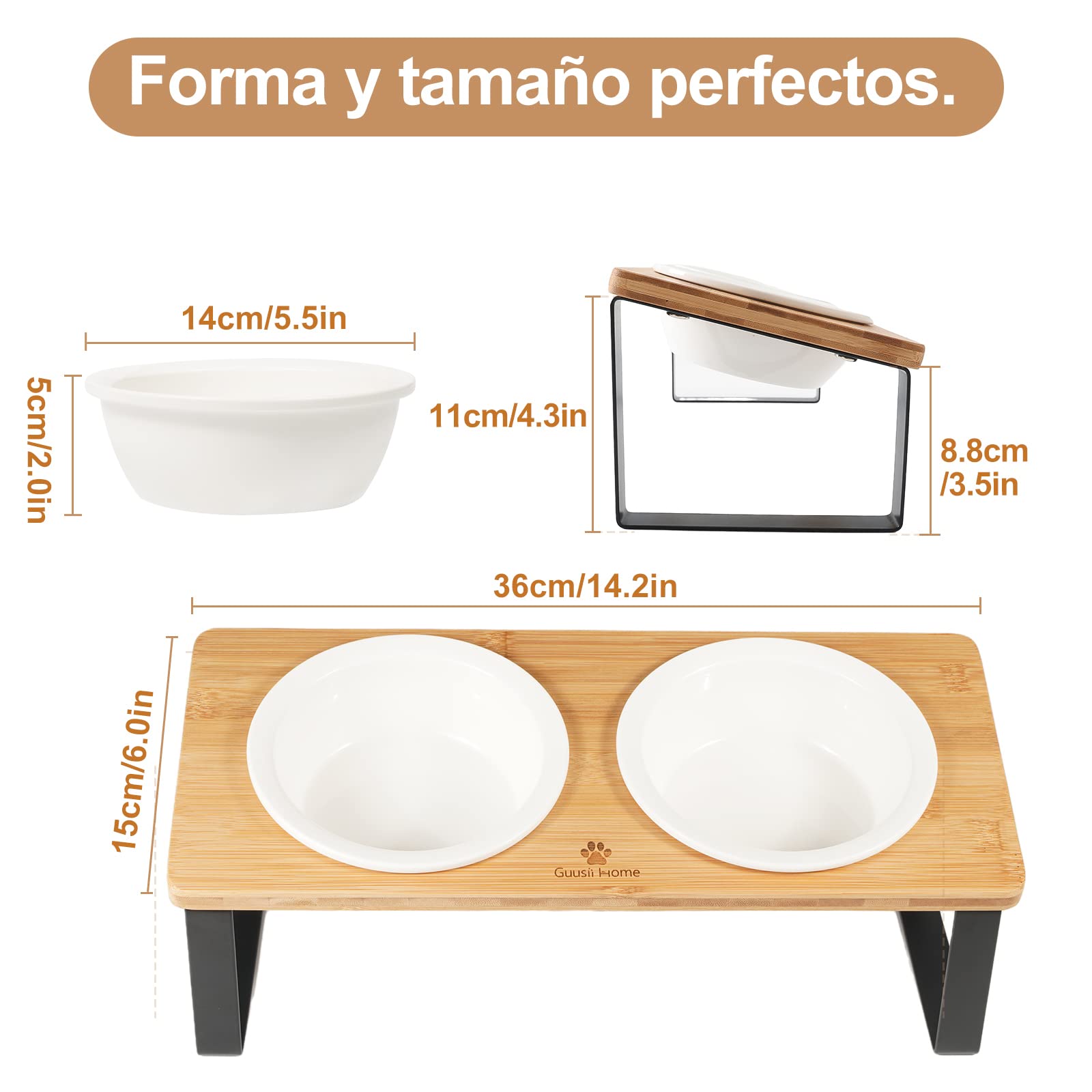 GUUSII HOME Comedero Gato Elevado, Comedero Gatos, Comederos para Gatos Inclinado 15° Ceramica, Cuenco Gato Antivómitos, con Soporte de Bambú Natural para Evitar la Fatiga de los Bigotes, Color Madera