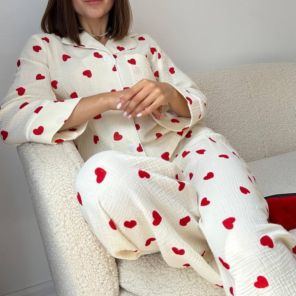 ROAONOCOMO Women Valentine’s Day Pajama Set Love Heart Long Sleeve Shirt Pants Silk Satin 2 Piece Pj Set Holiday Sleepwear - Image 3