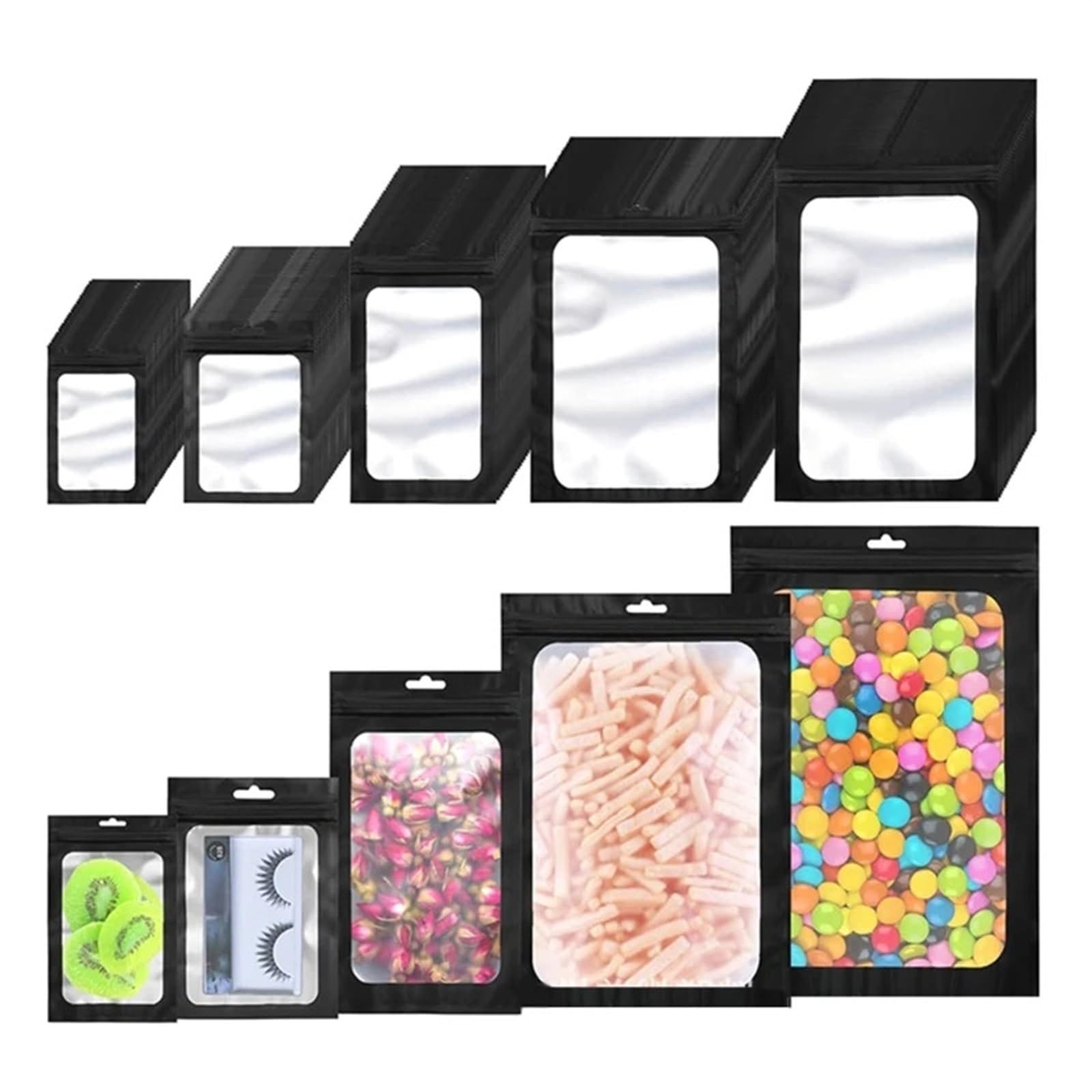 Ziplock Baggies, Flat Black Mylar Foil Zip Lock Bags 100 Pcs Resealable One Side Clear(Color-8)