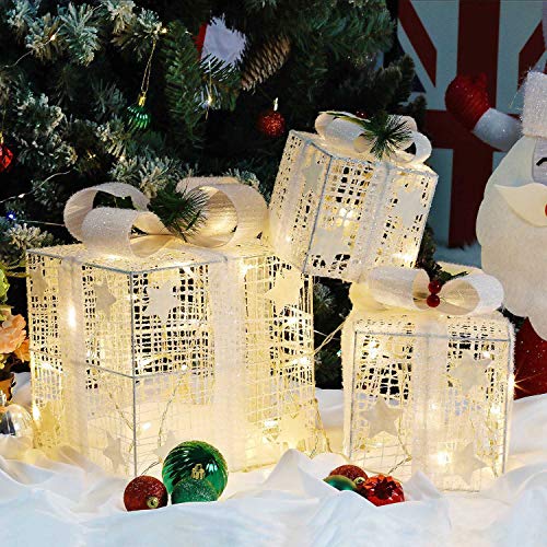 Kproe Set Of 3 Christmas Lighted White Silver Gift Boxes Decor Yard Home #TOP6