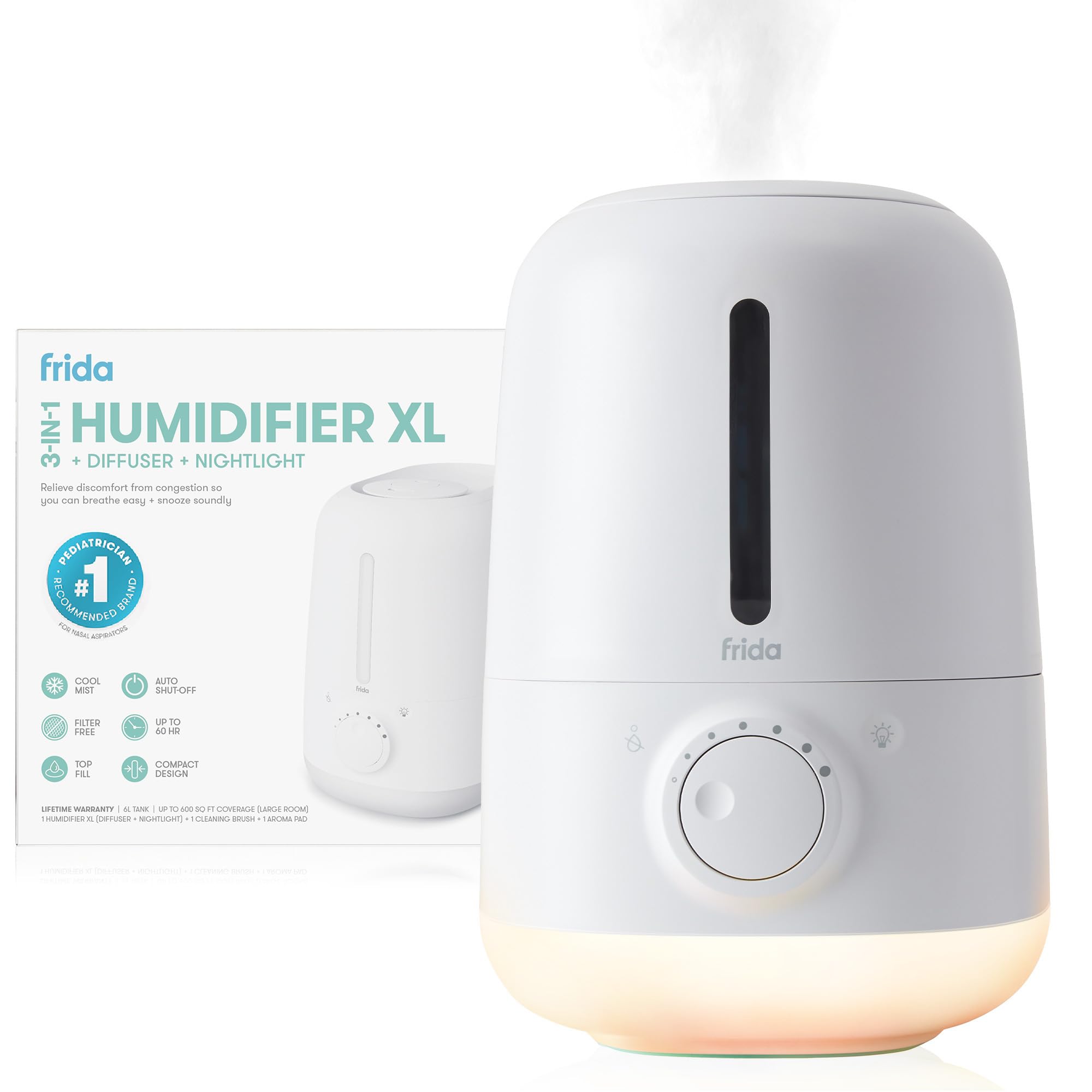 Frida Baby 3-in-1 XL Top Fill Humidifier for Bedroom, Cold & Flu Relief, 6L Tank Cool Mist Humidifier + Diffuser for Large Rooms, Mold Resistant, Nightlight, Auto-Off, Quiet, Essential Oil Diffuser