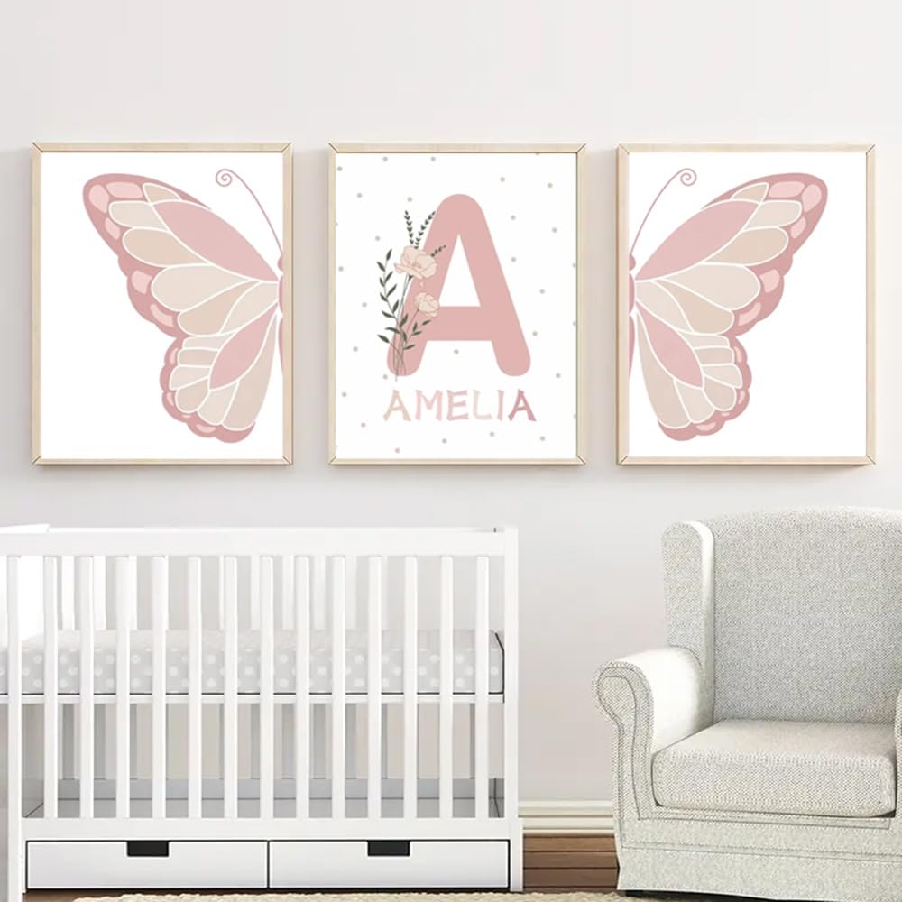 Generico 3 Quadri Personalizzati Nome Nascita Stampe Bimba Farfalla Rosa 30x 40 cm Quadro Cameretta Bambina Decorativi da Parete Bambini Poster Camera Ragazza Ragazzo Regalo Tela senza Cornice