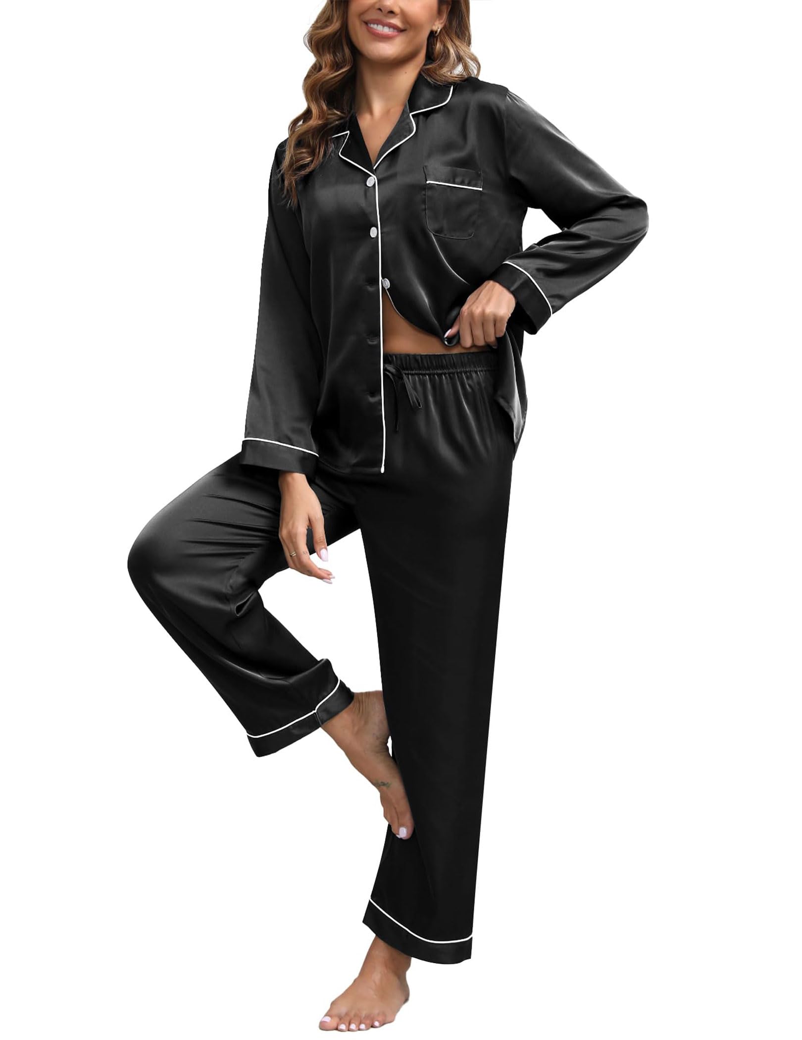 UMBY Silk Satin Pajamas for Women Set 2 Piece Silk Pjs Long Sleeve Top Cozy Sleepwear Silky Pajamas