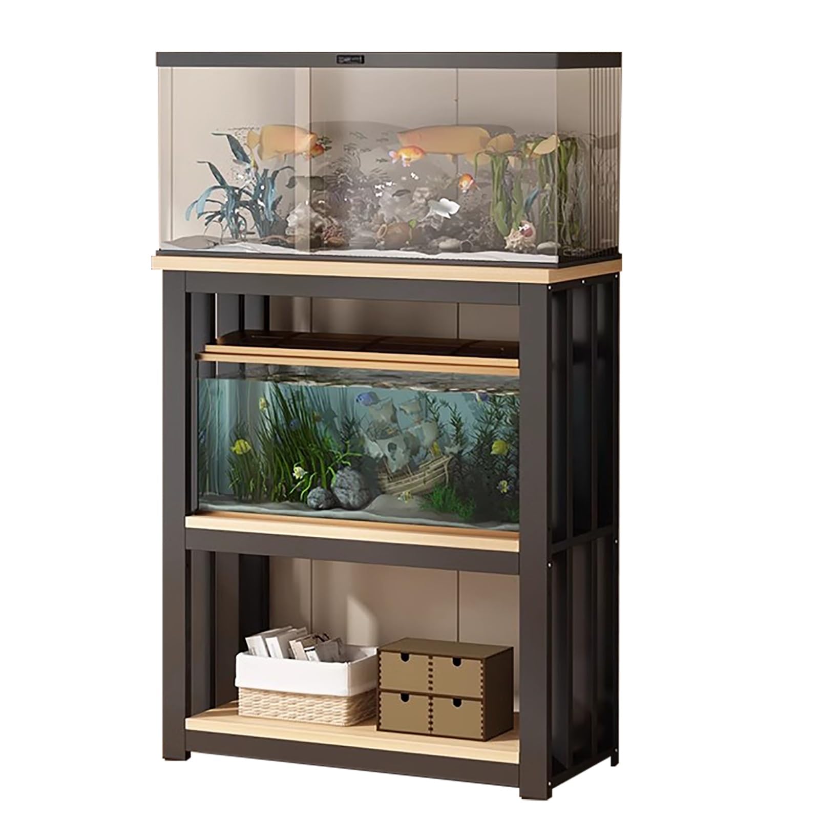 Support Pour Terrarium/aquarium - Meuble 2 Niveaux Acier Et Bois - Capacité 250kg - Tapis Antidérapants - Noir, Blanc, Noyer - 40-120cm
