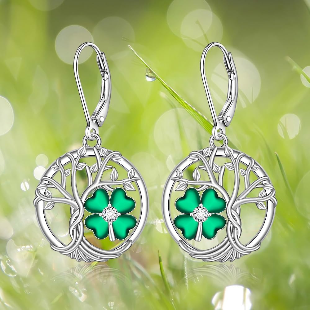 St Patricks Day Earrings for Women Shamrock Sterling Silver Tree of Life Earrings 4 Leaf Clover Pendant Good Lucky Irish Shamrock Green Clover Jewelry Holiday - Image 7