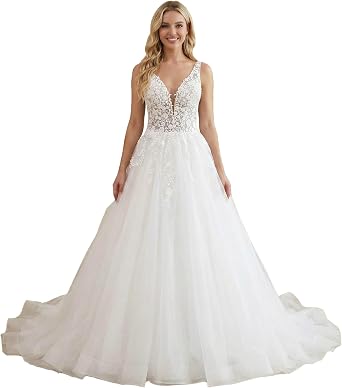 Elegant Sparky Tulle A Line lace Wedding Dress v Neck for Women Bride Dress AL-VN1023