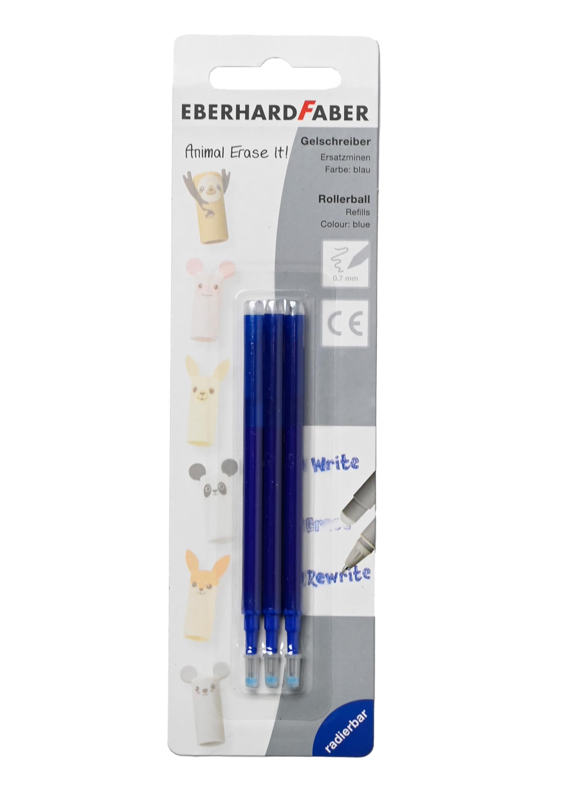 Eberhard Faber Animal Erase It Blue Erasable Gel Ink Refills Compatible with Most Known Gel Pens - Set of 3