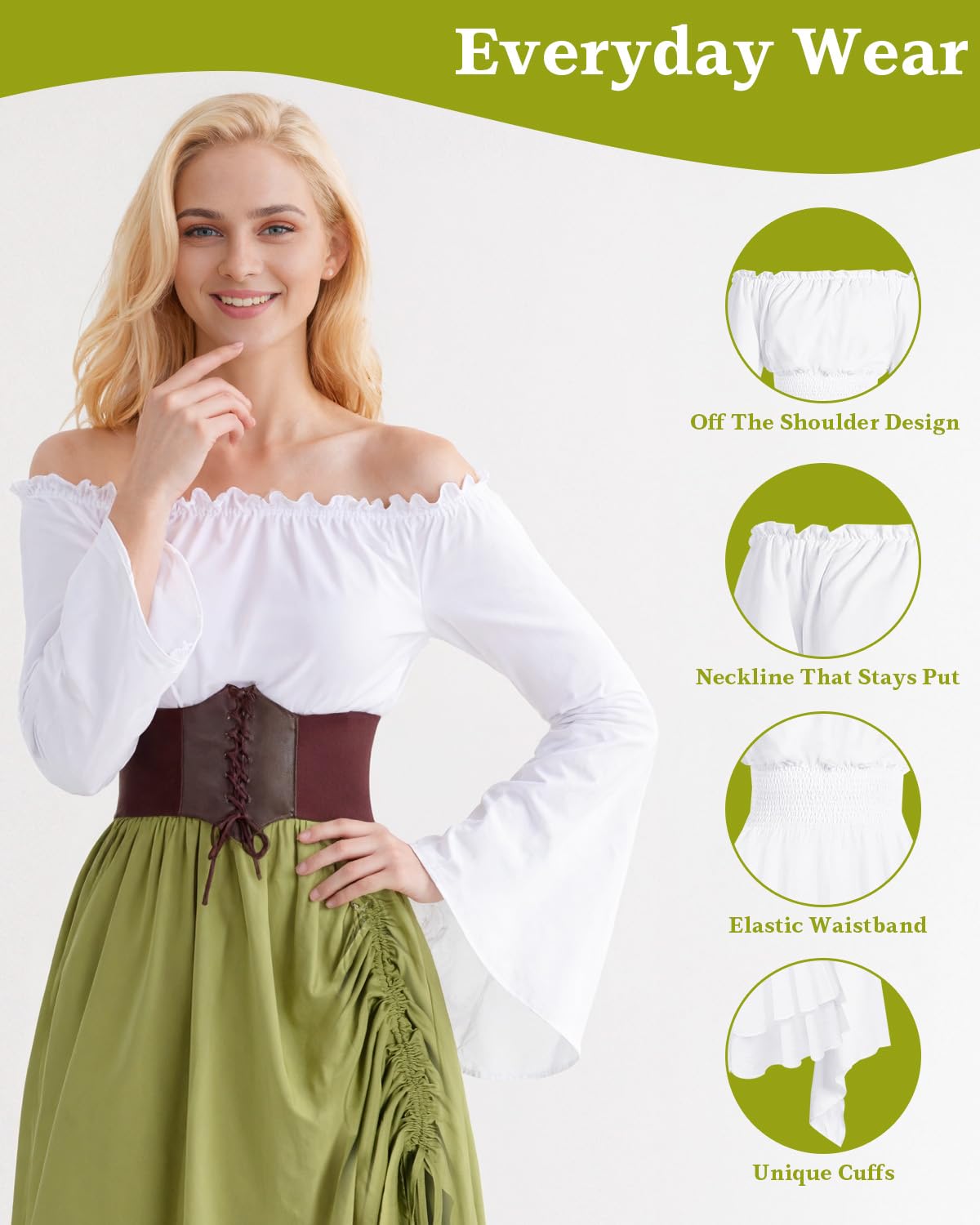 Vestido Medieval para Mujer, Vestido Renacentista con Collar de Orejas de Elfo, Cinturón, Ropa Gótico Vintage Carnaval Halloween Cosplay, Retro con Hombros Descubiertos Fiestas de Princesas