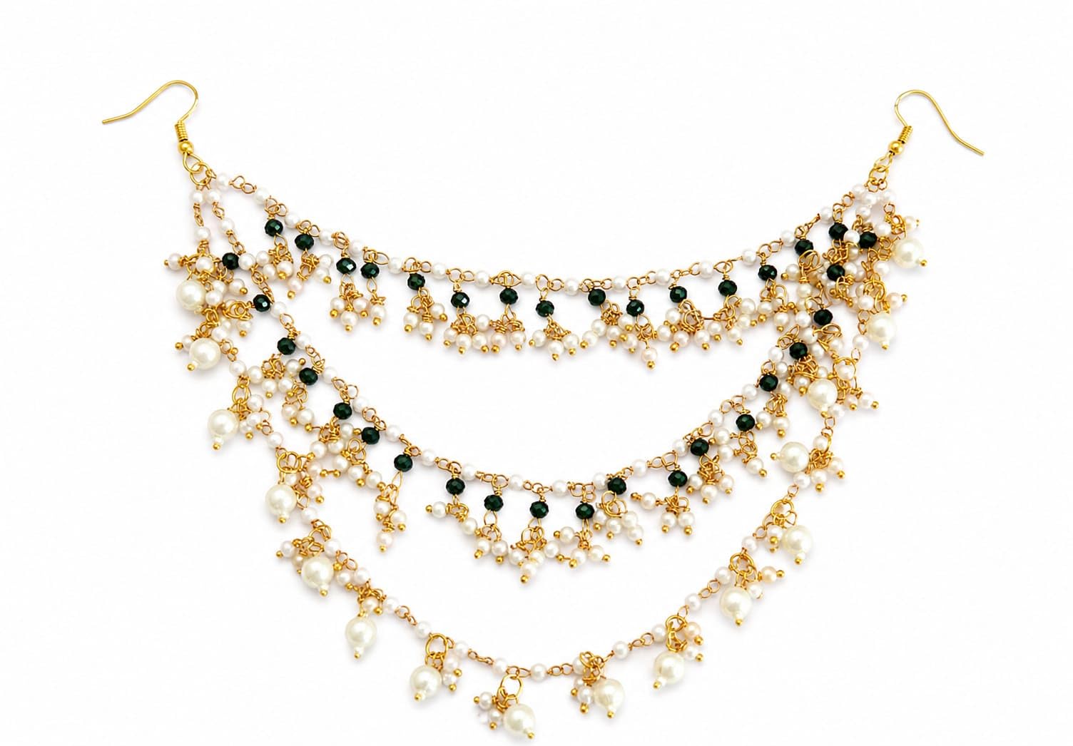 SSJR Jewellery 3-Layer Gold Plated Brass Green Pearl Makhhi Hair Chain for Women & Girls | Traditional Bridal Head Jewellery Hair Accessory for Wedding, Party, Festival, Office Wear, Anniversary & Birthday Gift-image-25