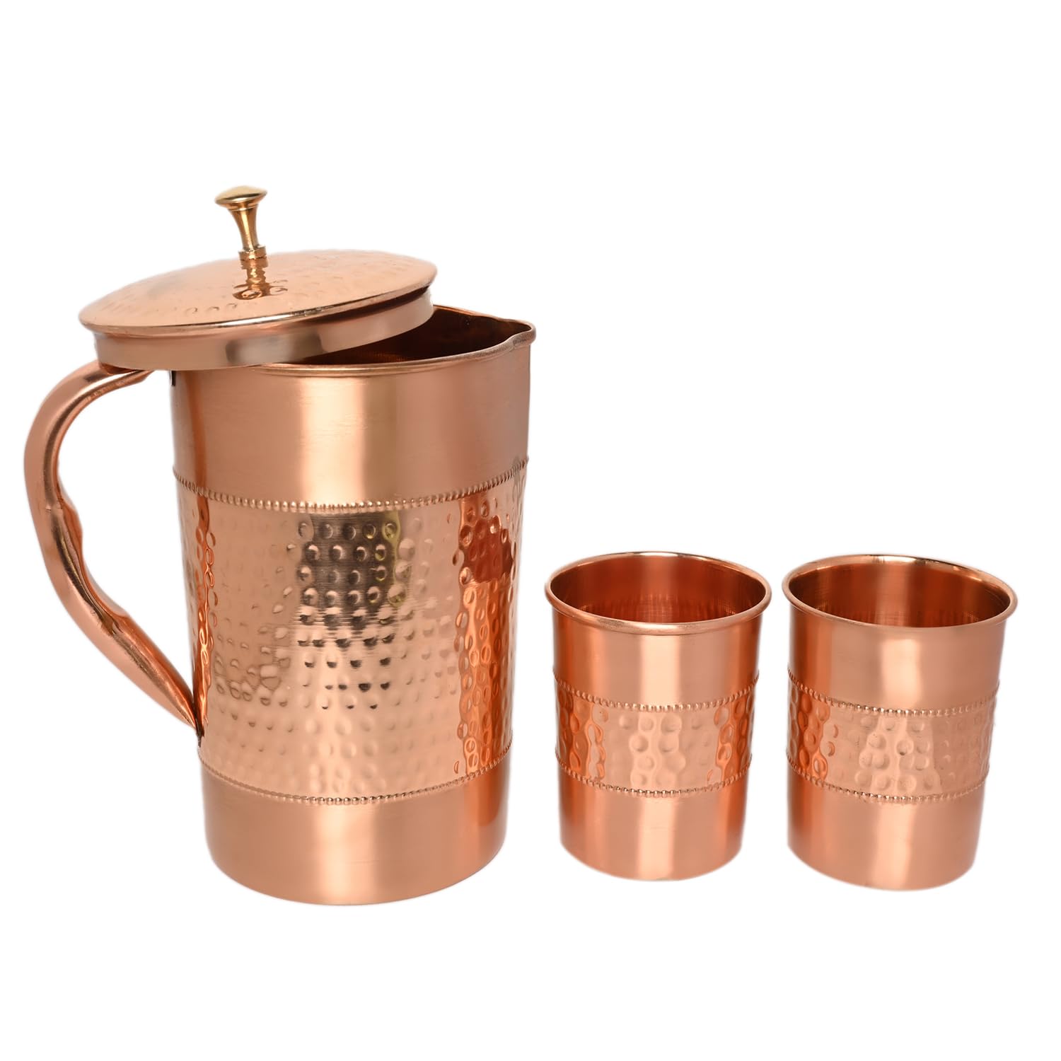Carafe à eau en cuivre pur avec 2 gobelets en cuivre (martelé et motif uni) pour les bienfaits de la santé ayurvédique (avec verre droit)
